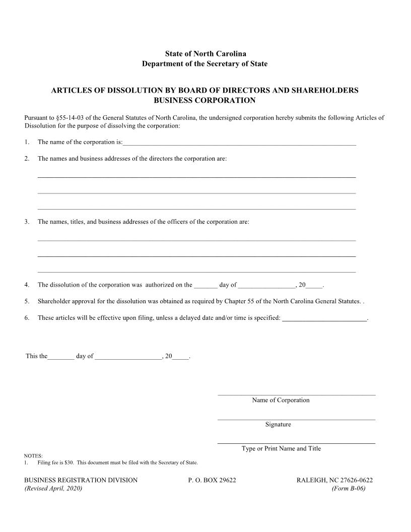 Articles Of Dissolution By Board Of Directors And Shareholders {B-06} | Pdf Fpdf Docx | North Carolina