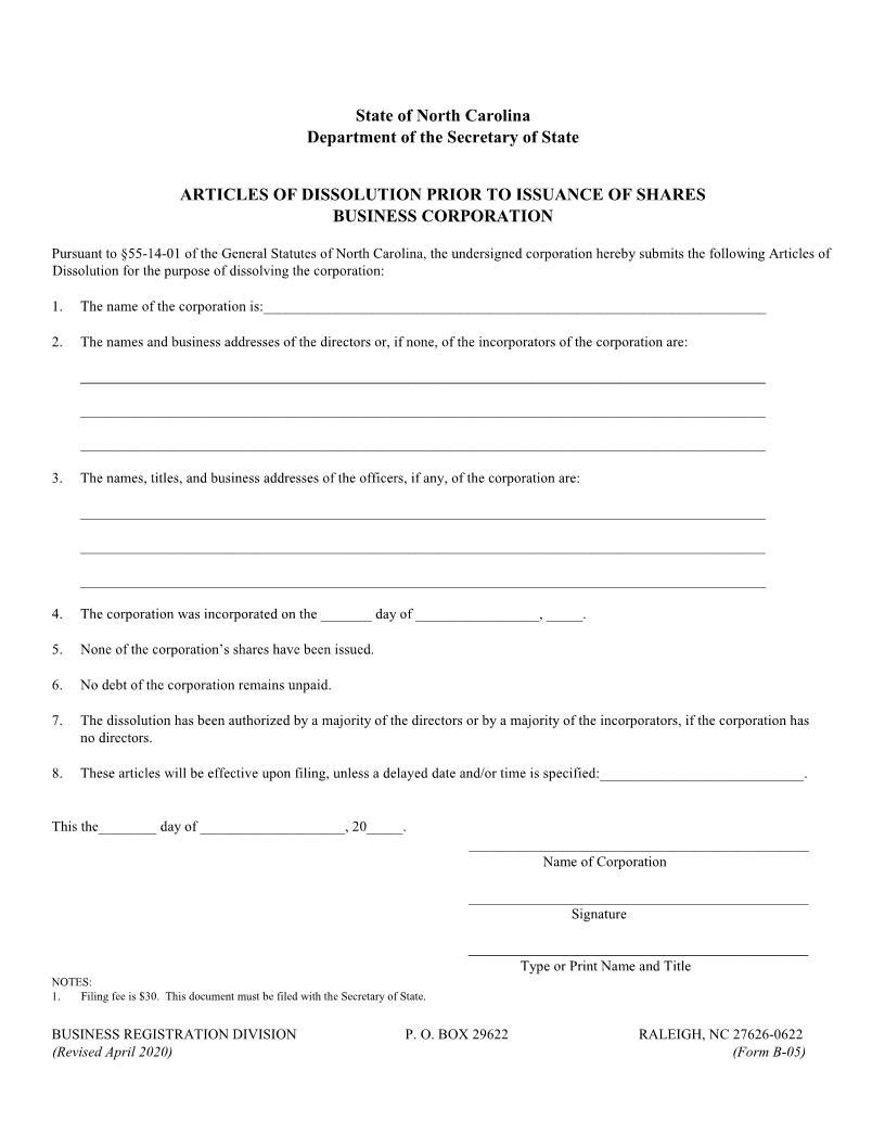 Articles Of Dissolution Prior To Issuance Of Shares {B-05} | Pdf Fpdf Docx | North Carolina