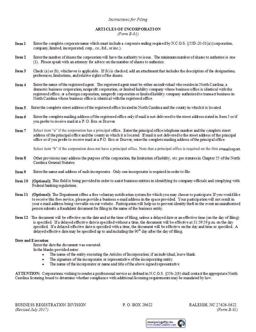 Articles Of Incorporation {B-01} | Pdf Fpdf Docx | North Carolina