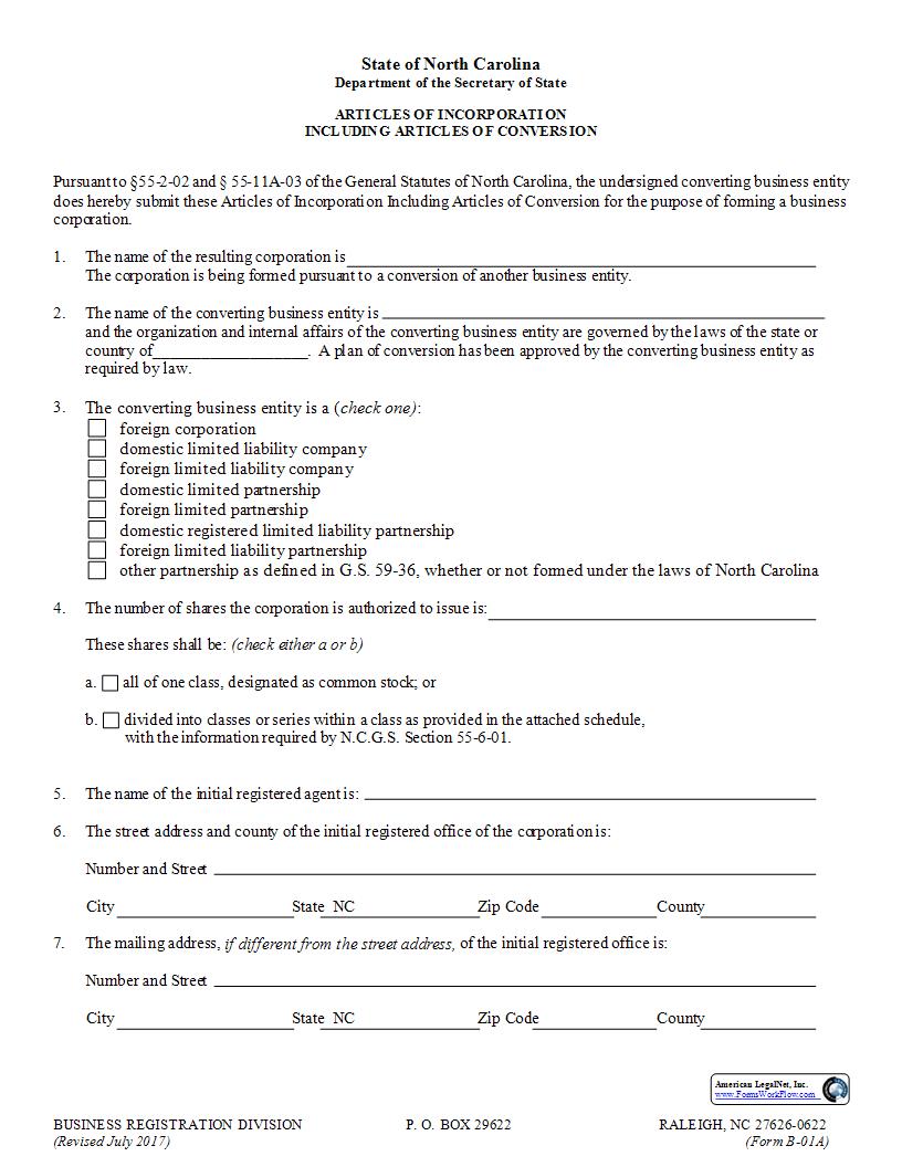 Articles Of Incorporation Including Articles Of Conversion {B-01A} | Pdf Fpdf Docx | North Carolina