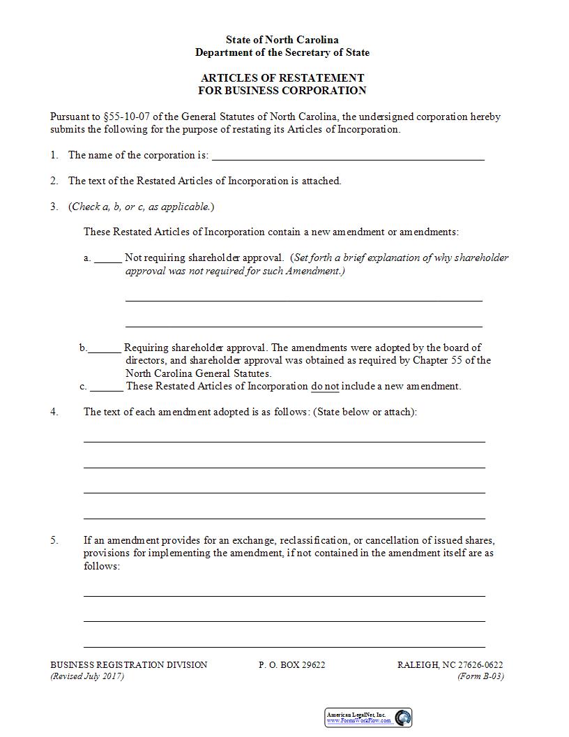 Articles Of Reinstatement {B-03} | Pdf Fpdf Docx | North Carolina