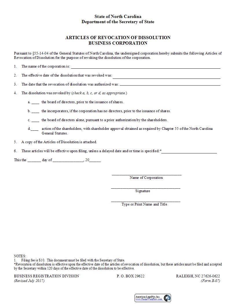 Articles Of Revocation Of Dissolution {B-07} | Pdf Fpdf Docx | North Carolina