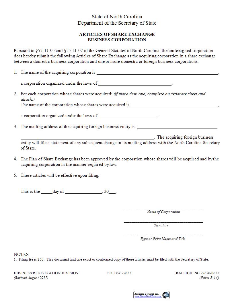 Articles Of Share Exchange {B-14} | Pdf Fpdf Docx | North Carolina