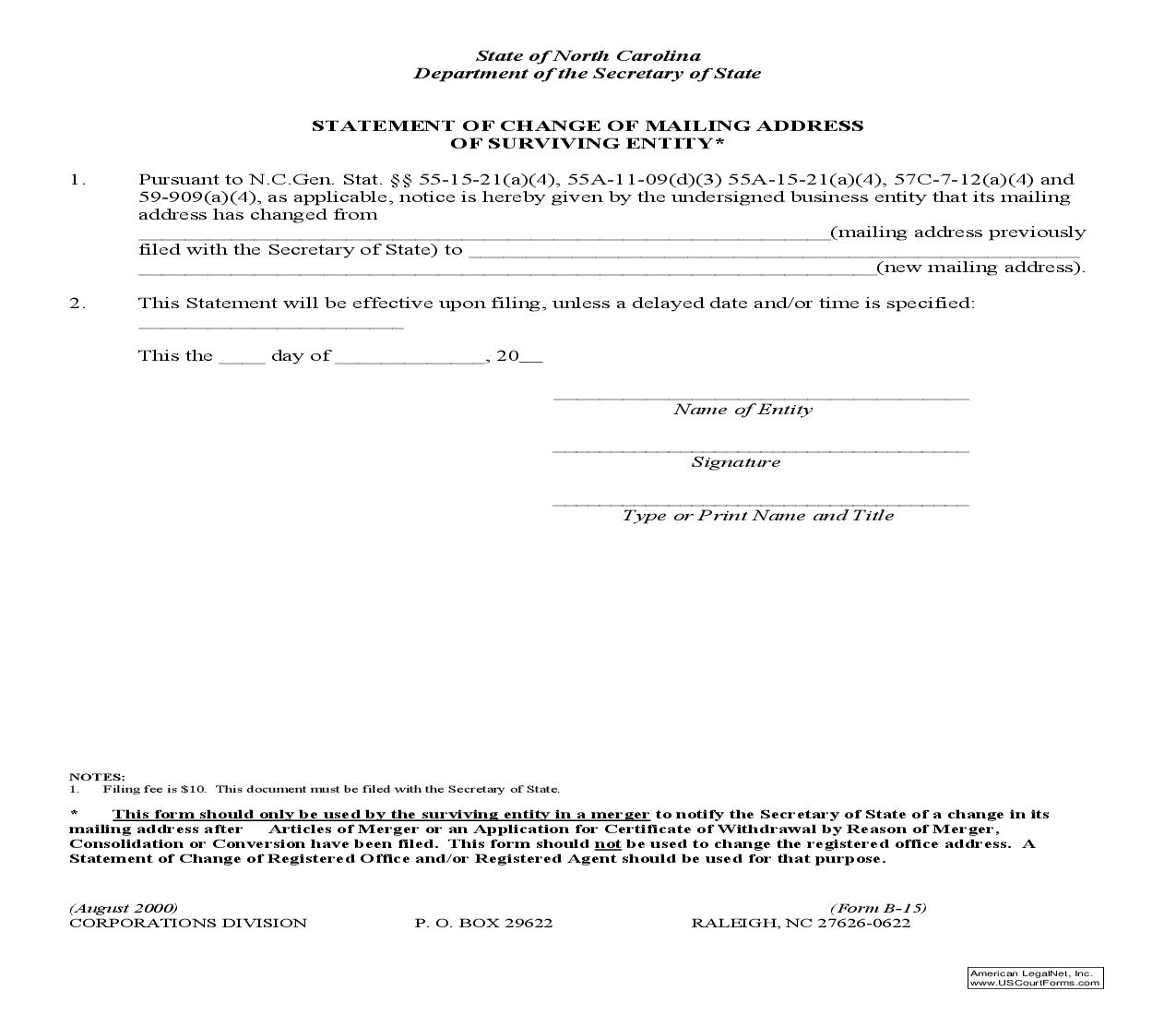 Statement Of Change Of Mailing Address Of Surviving Entity {B-15} |  | North Carolina