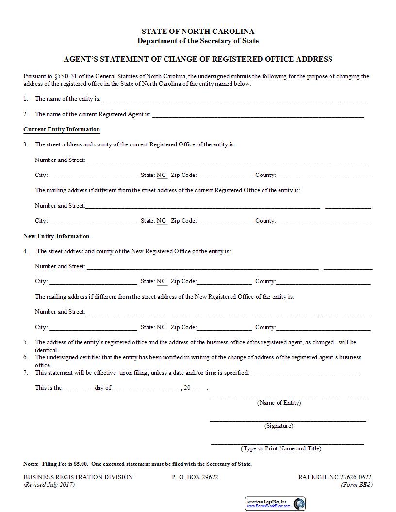 Agents Statement Of Change Of Registered Office Address {BE-12} | Pdf Fpdf Docx | North Carolina