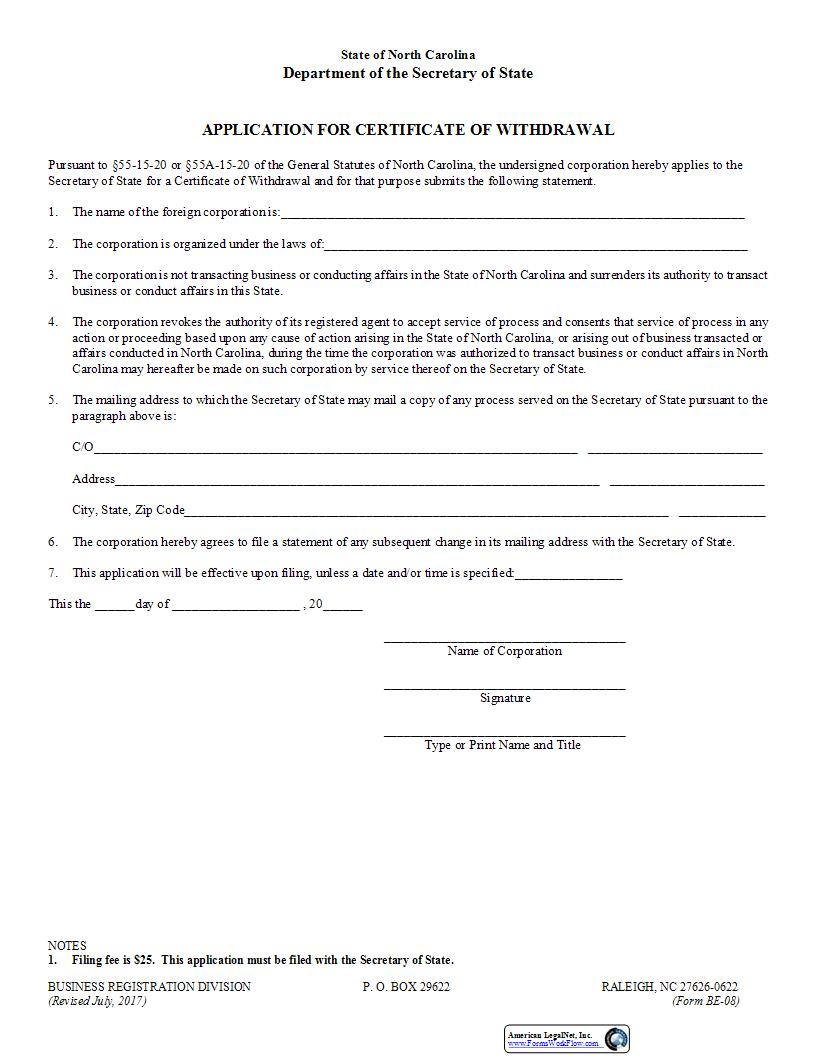 Application For Certificate Of Withdrawal {BE-08} | Pdf Fpdf Docx | North Carolina