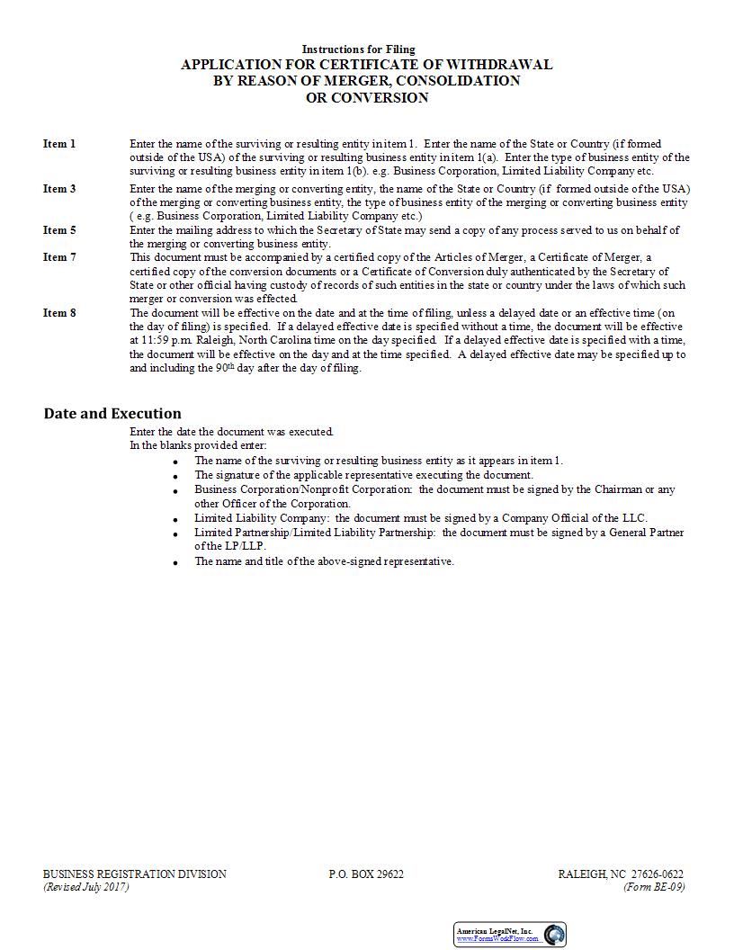 Application For Certificate Of Withdrawal By Reason Of Merger {BE-09} | Pdf Fpdf Docx | North Carolina