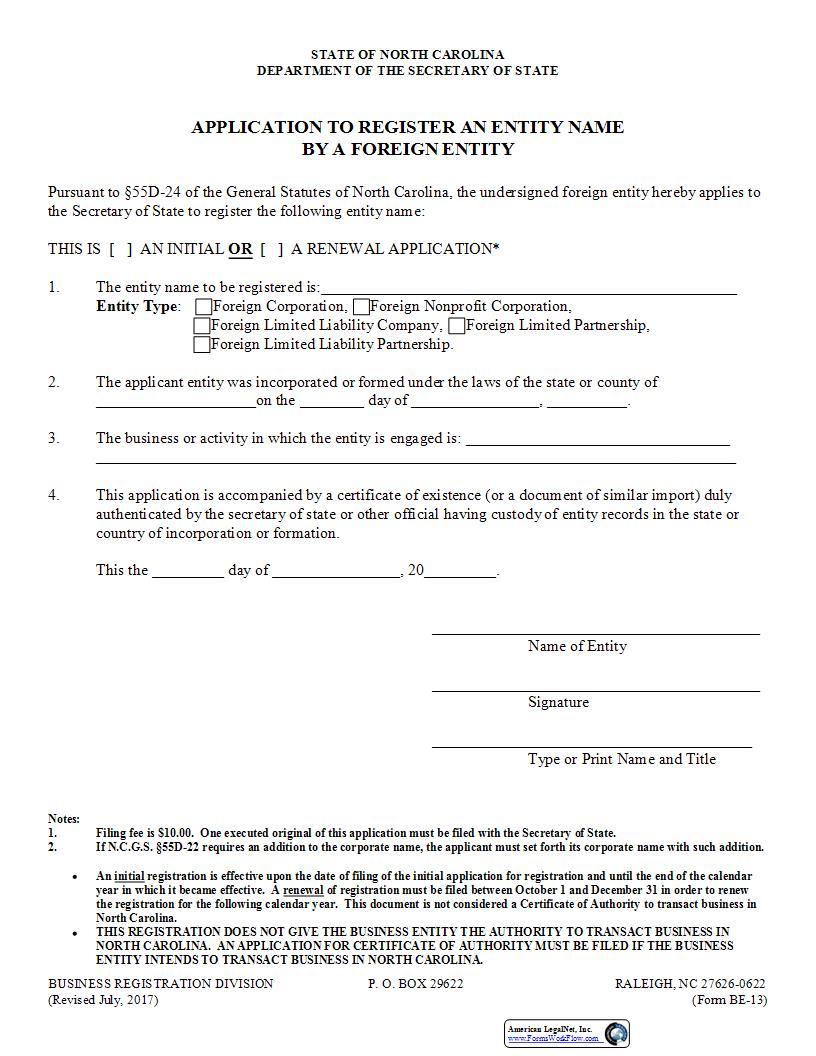 Application To Register An Entity Name By A Foreign Entity {BE-13} | Pdf Fpdf Docx | North Carolina