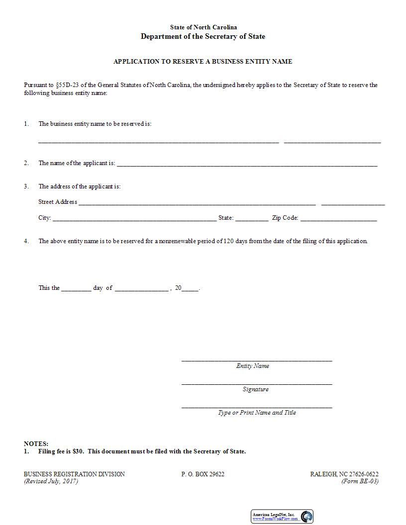 Application To Reserve A Business Entity Name {BE-03} | Pdf Fpdf Docx | North Carolina