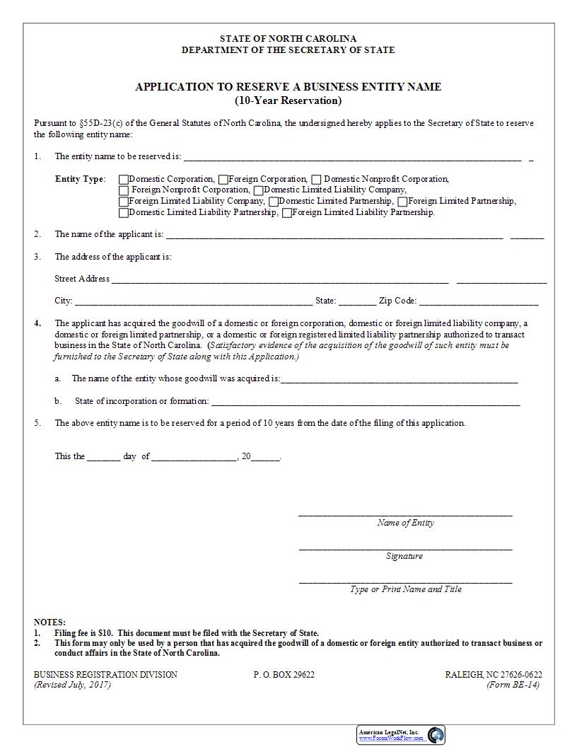 Application To Reserve A Business Entity Name 10 Year Reservation {BE-14} | Pdf Fpdf Docx | North Carolina