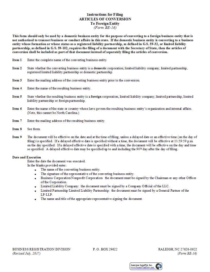 Articles Of Conversion {BE-16} | Pdf Fpdf Docx | North Carolina