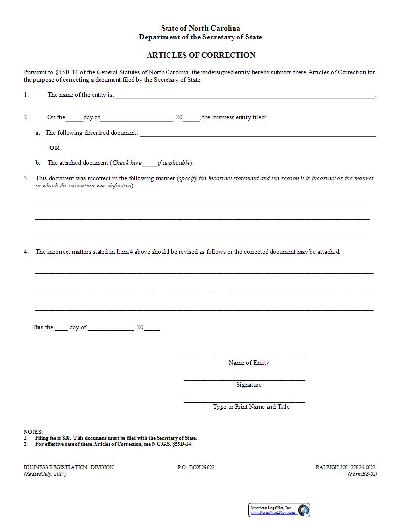 Articles Of Correction {BE-02} | Pdf Fpdf Docx | North Carolina