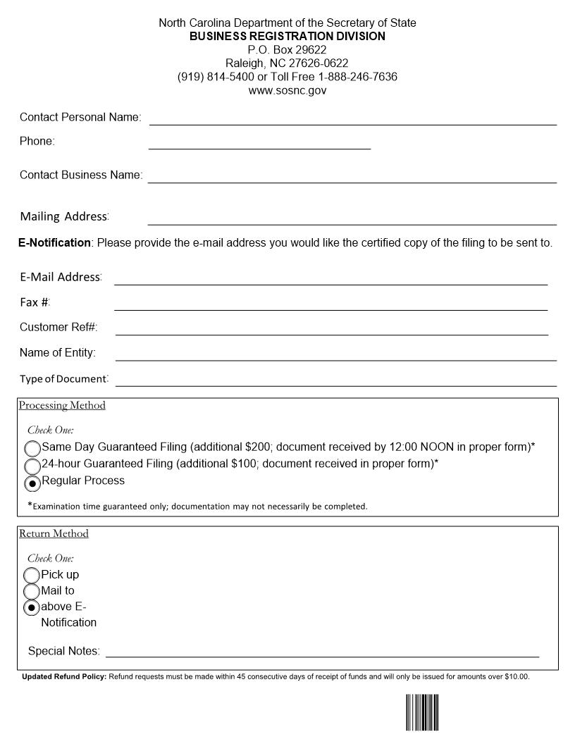 Cover Sheet For Corporate Filings {BE-01} | Pdf Fpdf Docx | North Carolina