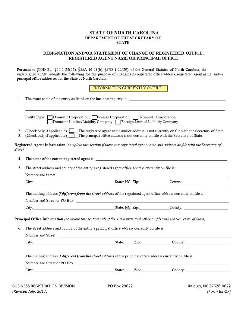Designation And Or Statement Of  Change Of Office Or Name {BE-17} | Pdf Fpdf Docx | North Carolina