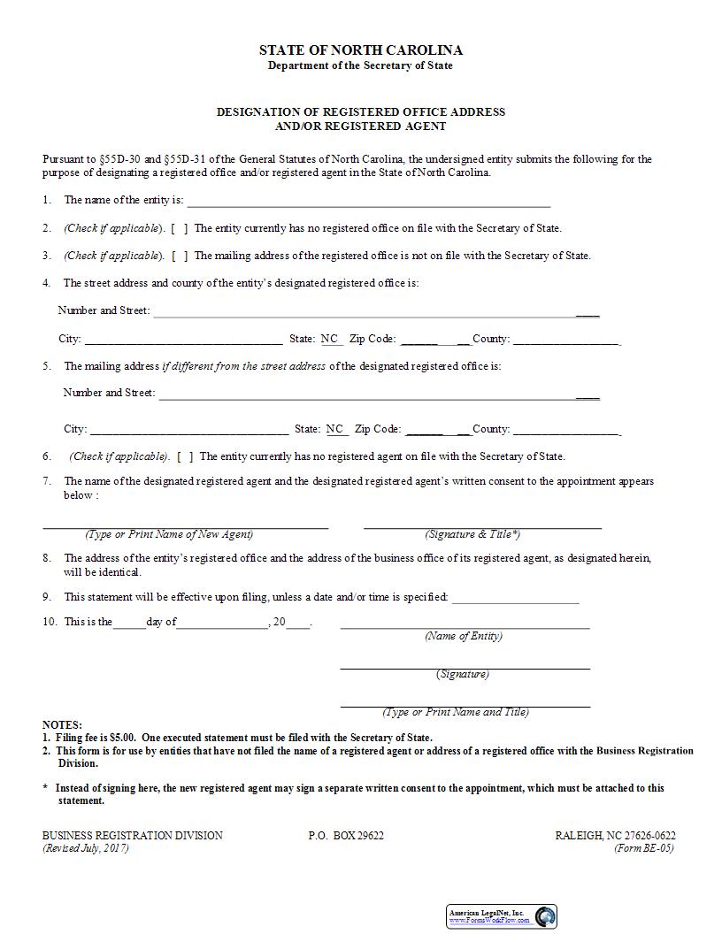 Designation Of Registered Office Address And Or Registered Agent {BE-05} | Pdf Fpdf Docx | North Carolina
