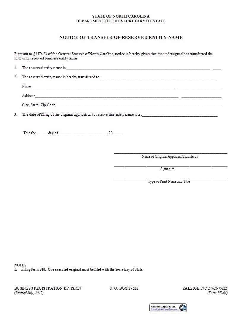 Notice Of Transfer Of Reserved Entity Name {BE-04} | Pdf Fpdf Docx | North Carolina