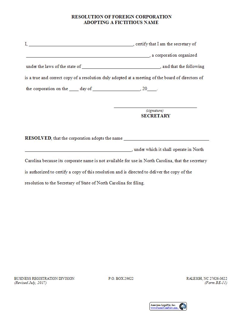 Resolution Of Foreign Corporation Adopting A Fictitious Name {BE-11} | Pdf Fpdf Docx | North Carolina