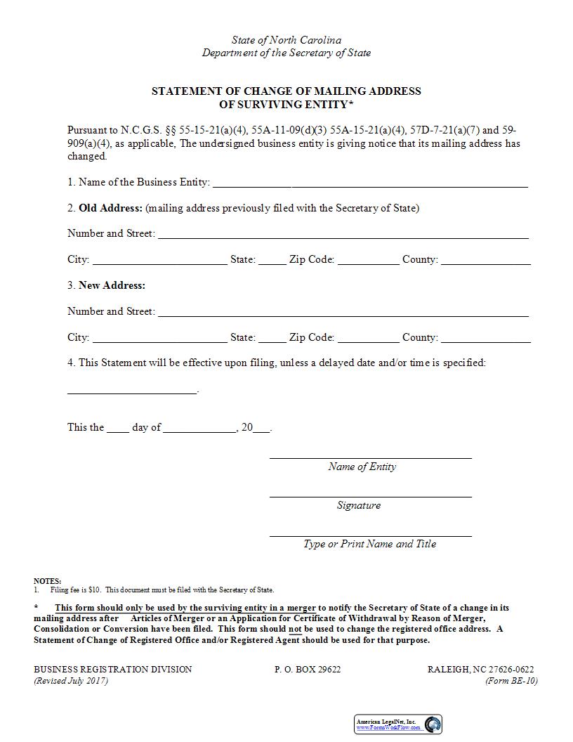 Statement Of Change Of Mailing Address Of Surviving Entity {BE-10} | Pdf Fpdf Docx | North Carolina