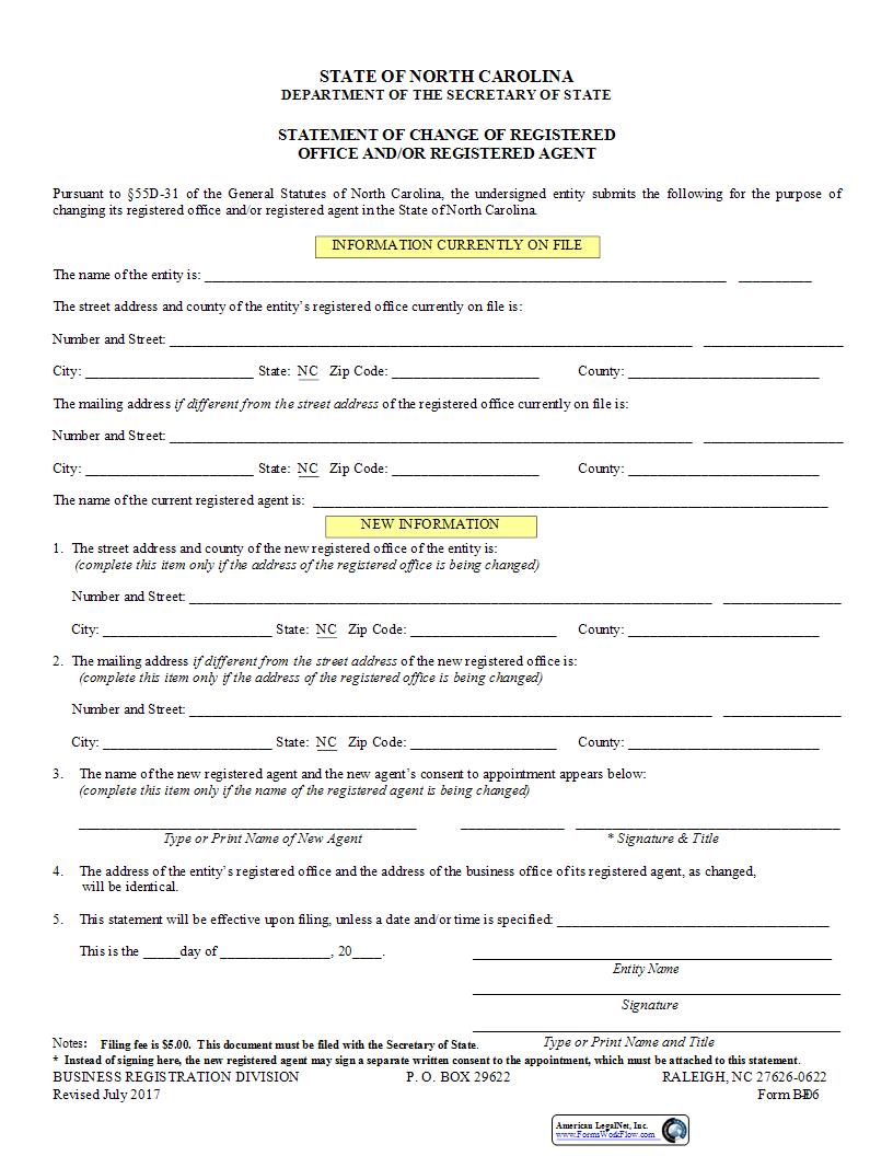 Statement Of Change Of Registered Office And Or Registered Agent {BE-06} | Pdf Fpdf Docx | North Carolina