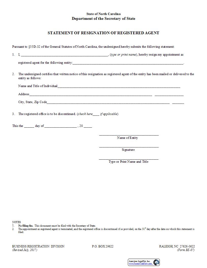 Statement Of Resignation Of Registered Agent {BE-07} | Pdf Fpdf Docx | North Carolina