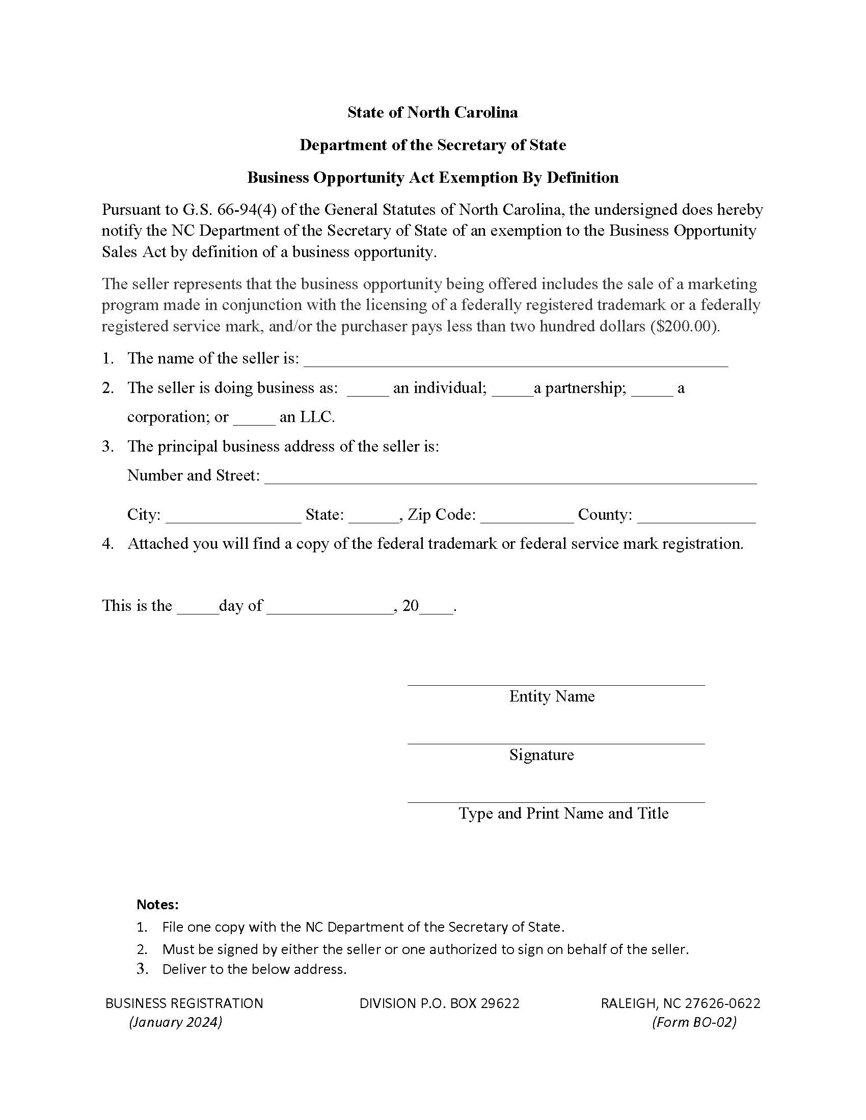 Business Opportunity Act Exemption By Definition {BO-02} | Pdf Fpdf Docx | North Carolina