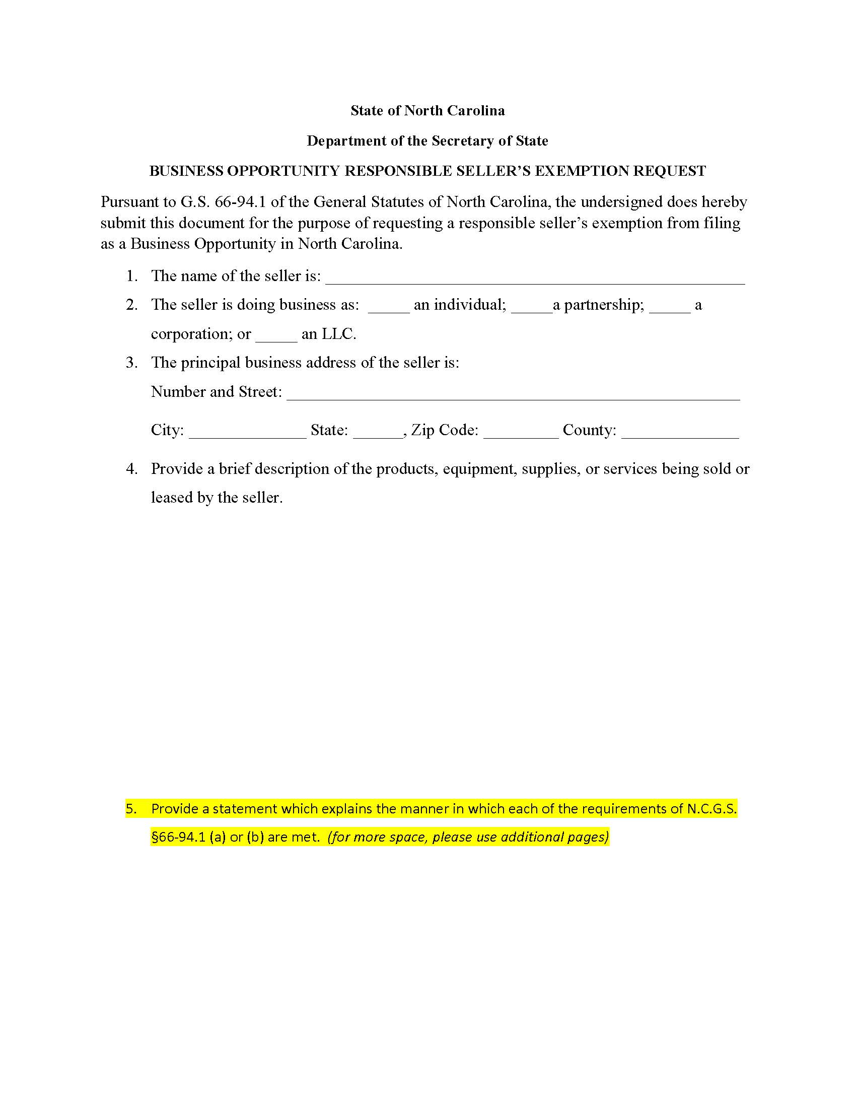 Business Opportunity Responsible Sellers Exemption Request {BO-01} | Pdf Fpdf Docx | North Carolina