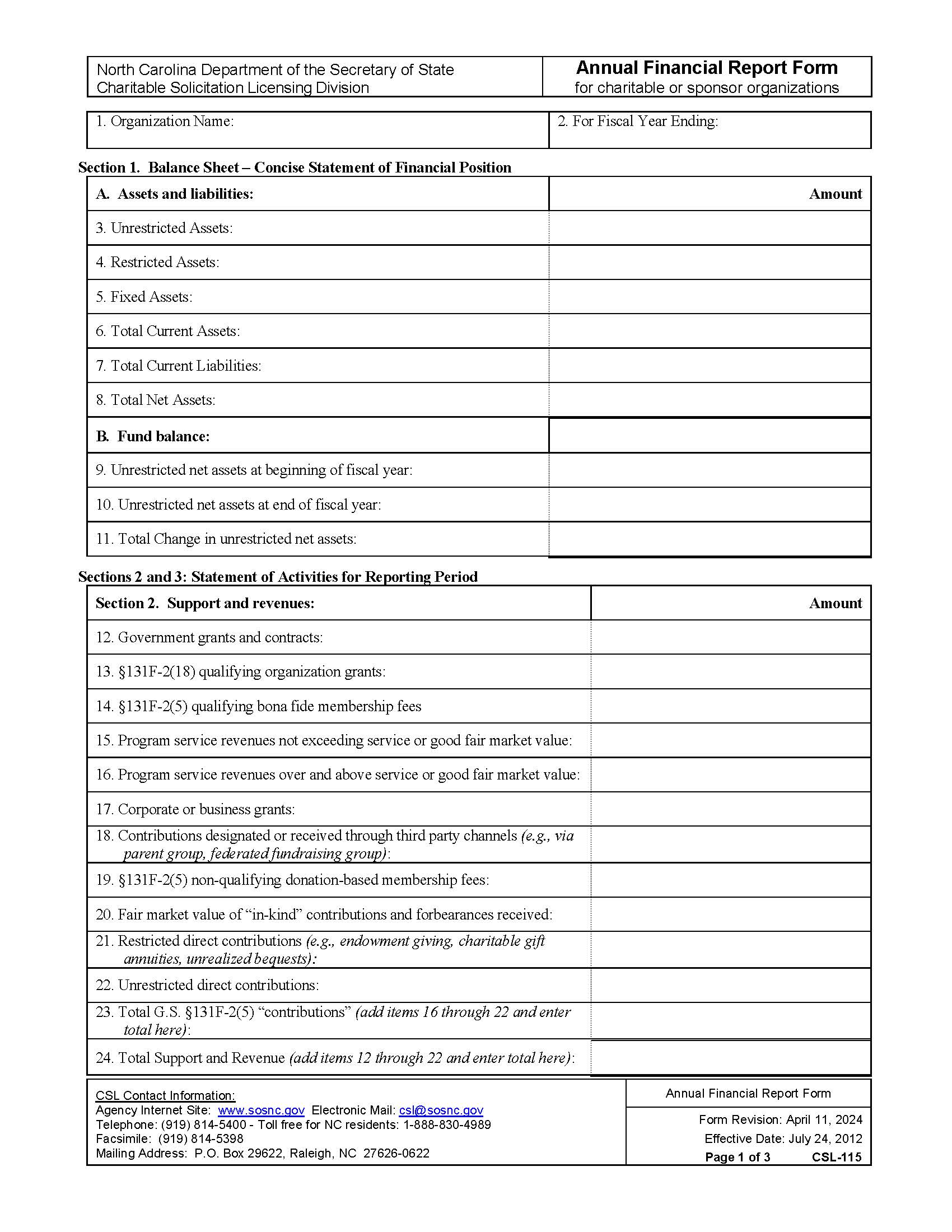 Annual Financial Report Form | Pdf Fpdf Docx | North Carolina