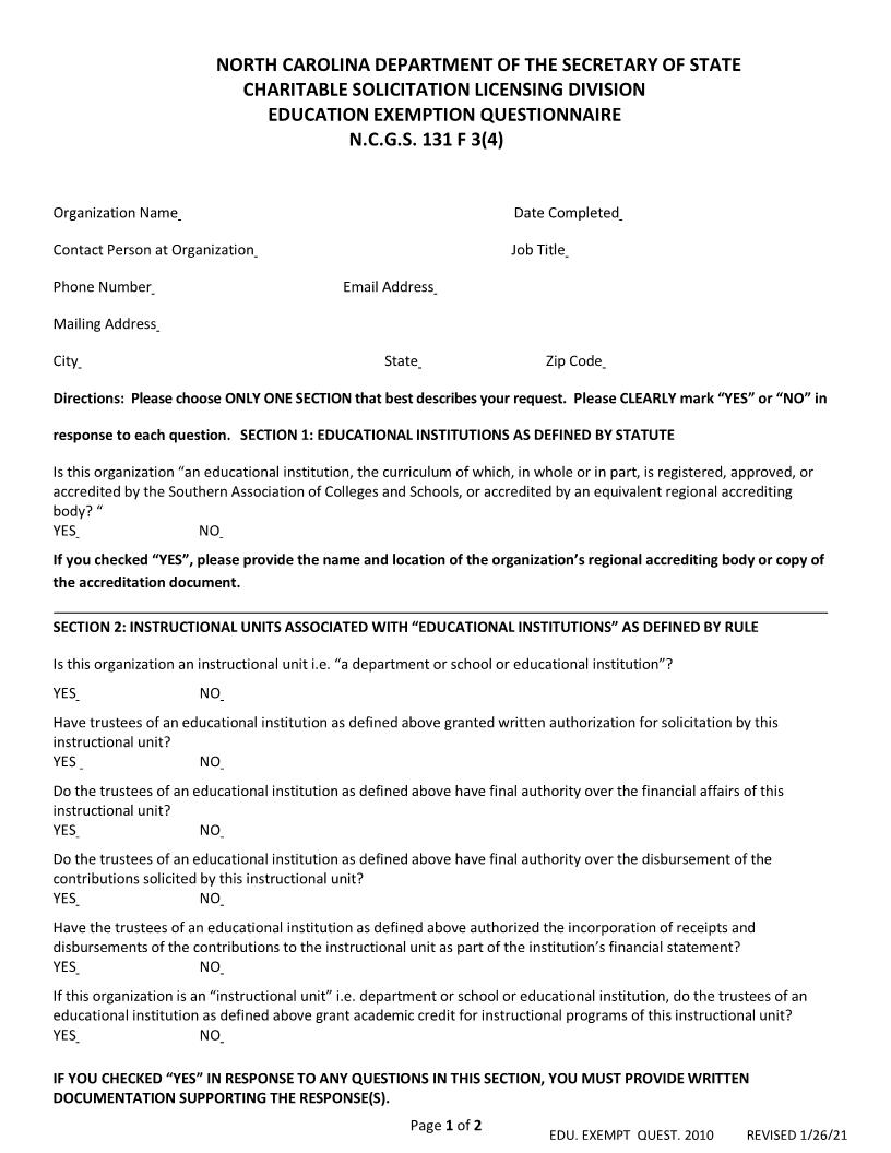 Education Exemption Questionnaire | Pdf Fpdf Docx | North Carolina