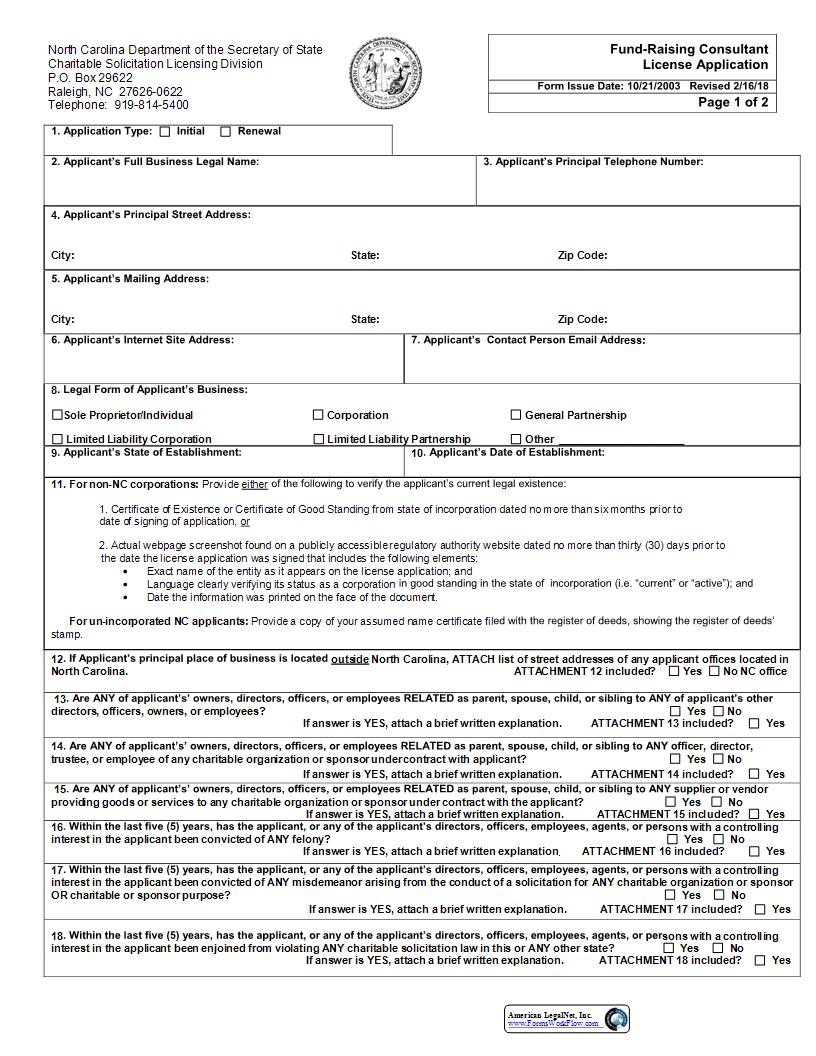 Fund-Raising Consultant License Application | Pdf Fpdf Docx | North Carolina