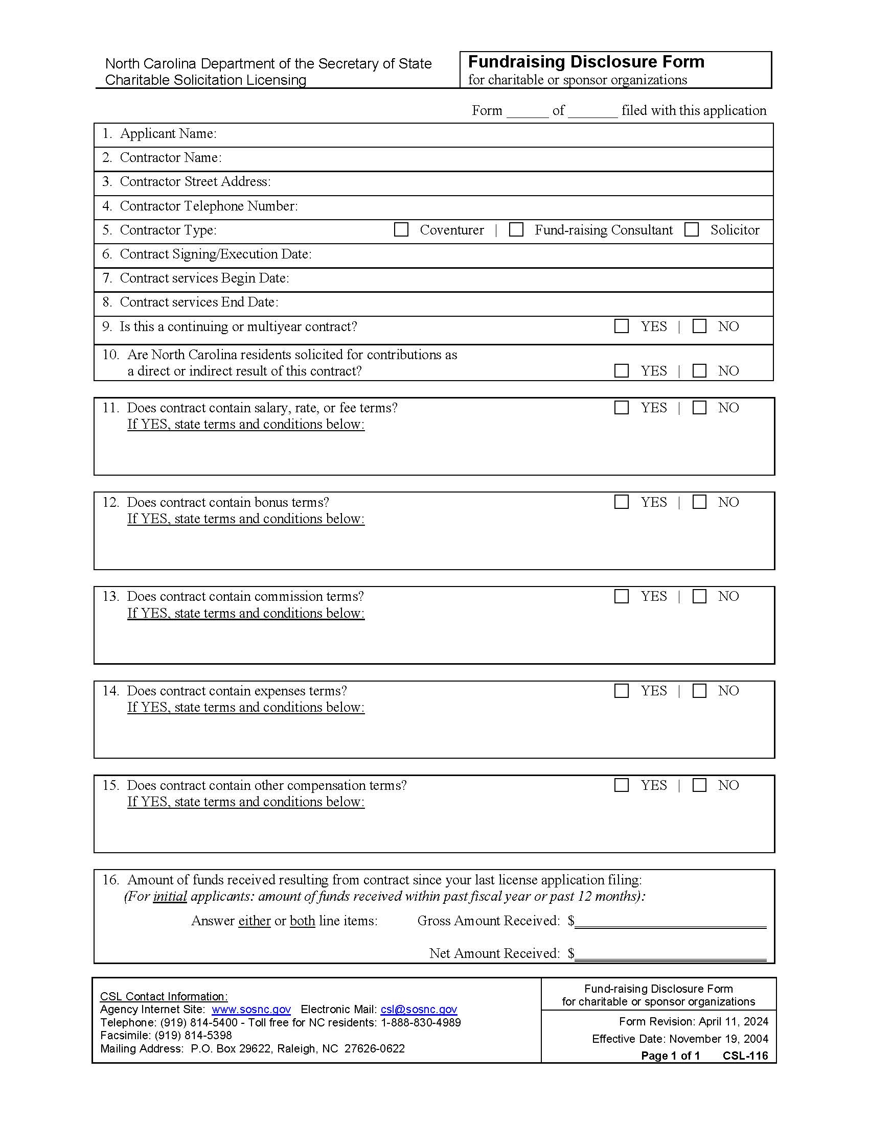 Fundraising Disclosure Form | Pdf Fpdf Docx | North Carolina