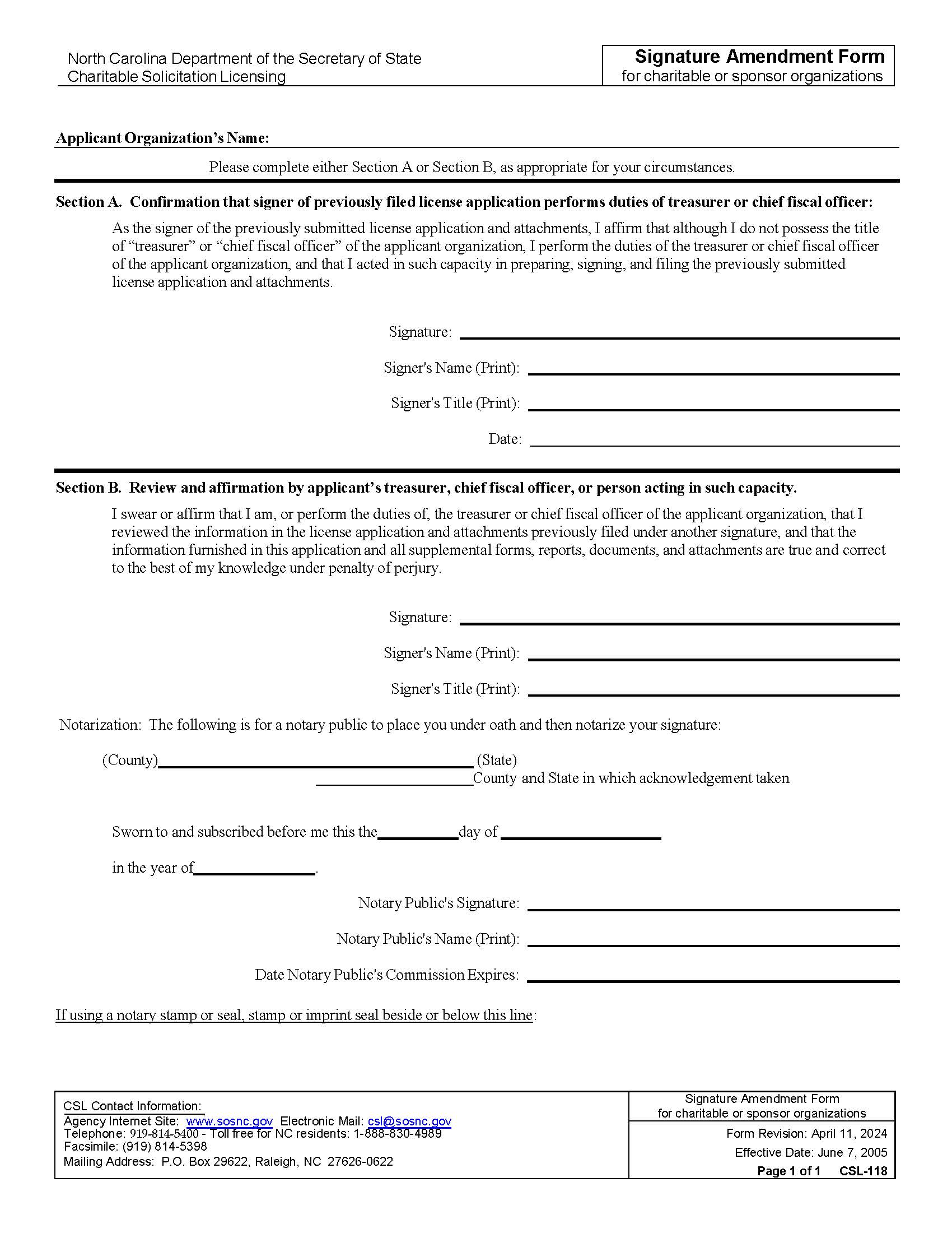 Signature Amendment Form | Pdf Fpdf Docx | North Carolina