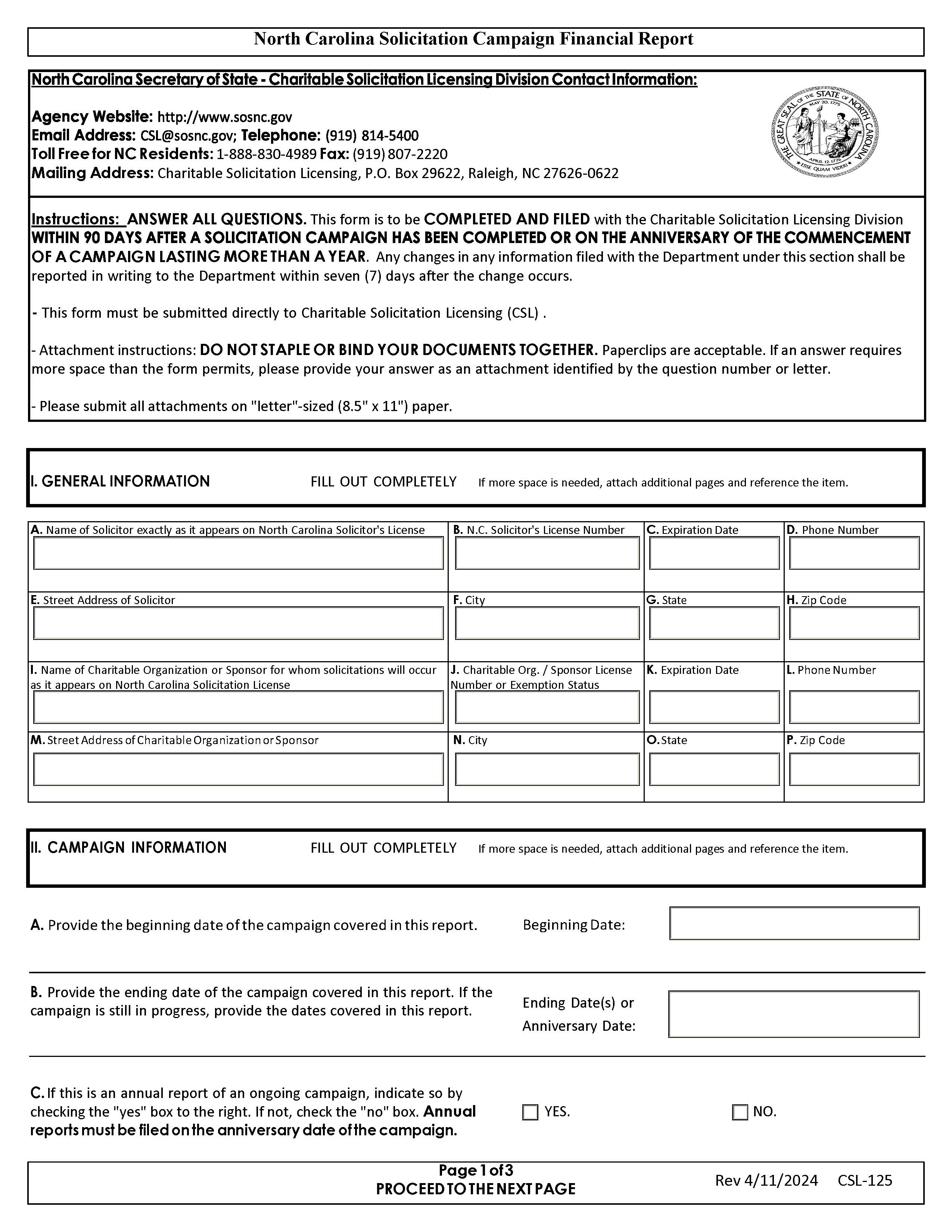 Solicitation Campaign Financial Report | Pdf Fpdf Docx | North Carolina