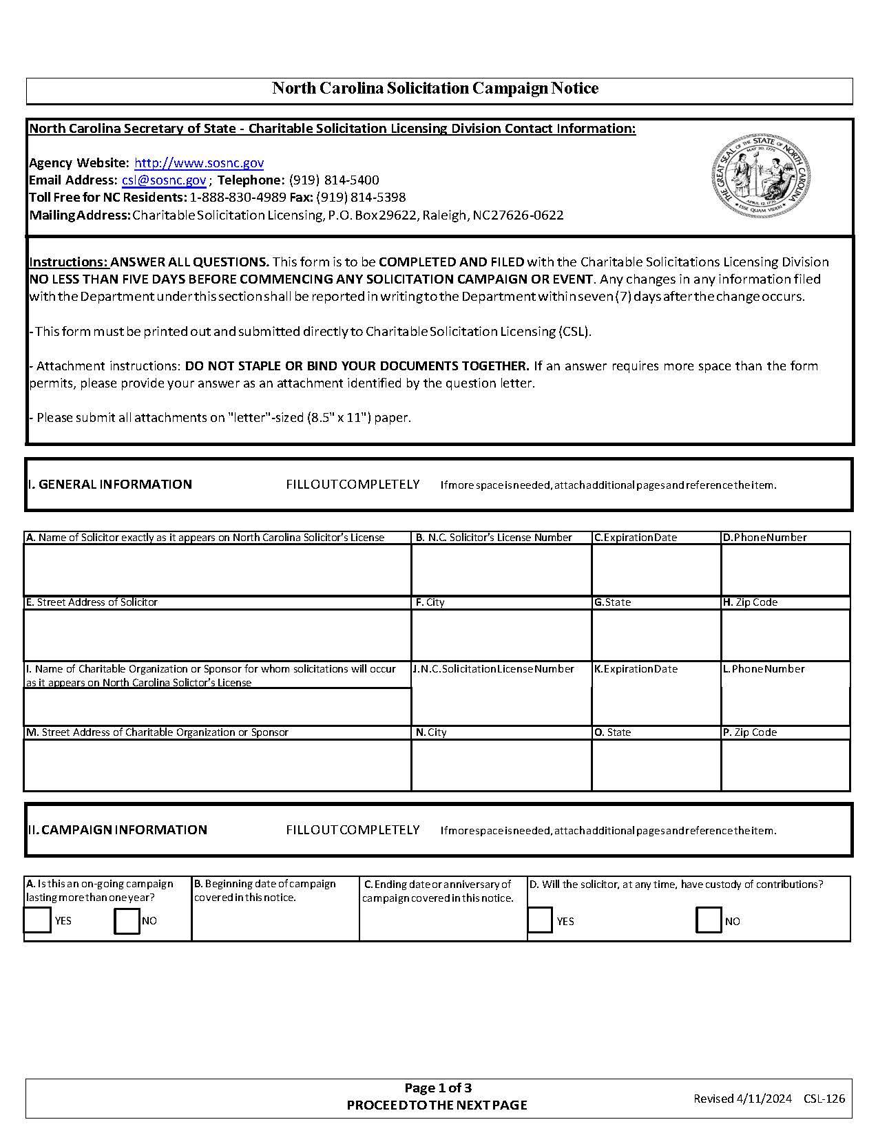 Solicitation Campaign Notice | Pdf Fpdf Docx | North Carolina