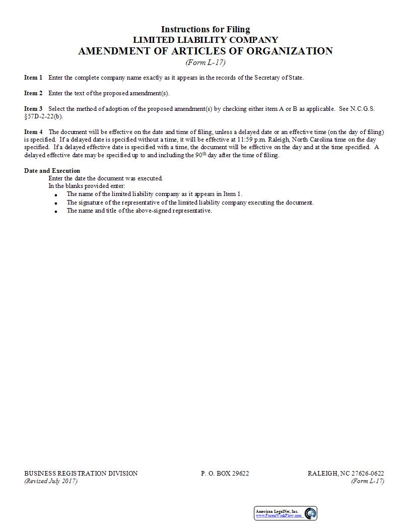 Amendment Of Articles Of Organization {L-17} | Pdf Fpdf Docx | North Carolina