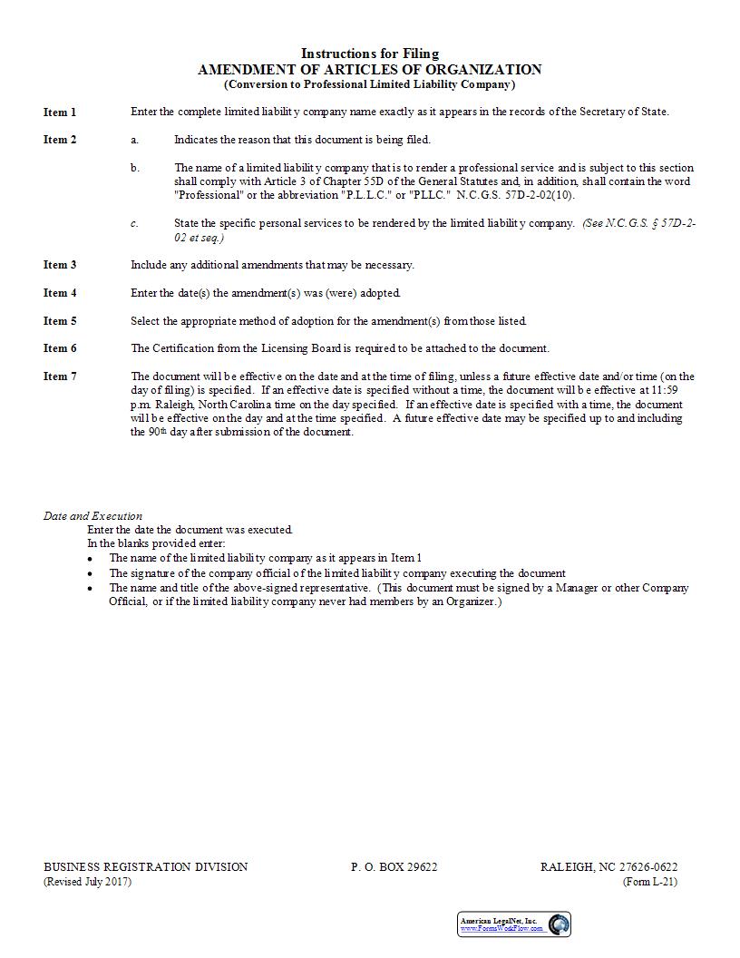 Amendment Of Articles Of Organization Conversion To Professional Limited Liability Company {L-21} | Pdf Fpdf Docx | North Carolina