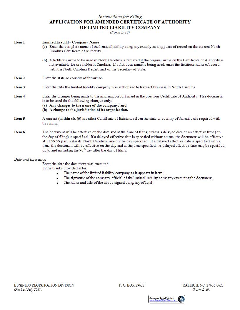 Application For Amended Certificate Of Authority {L-10} | Pdf Fpdf Docx | North Carolina