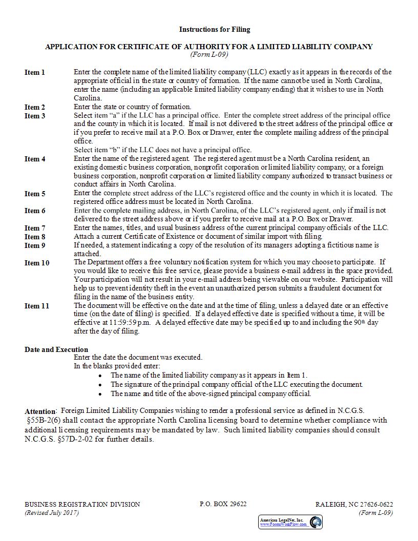 Application For Certificate Of Authority {L-09} | Pdf Fpdf Docx | North Carolina