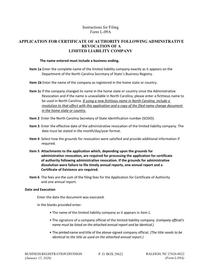 Application For Certificate Of Authority Following Administrative Revocation Of LLC {L-09a} | Pdf Fpdf Docx | North Carolina