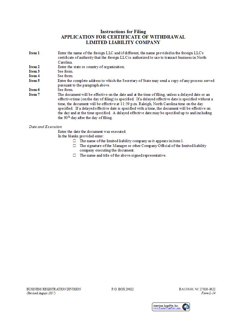 Application For Certificate Of Withdrawal {L-14} | Pdf Fpdf Docx | North Carolina