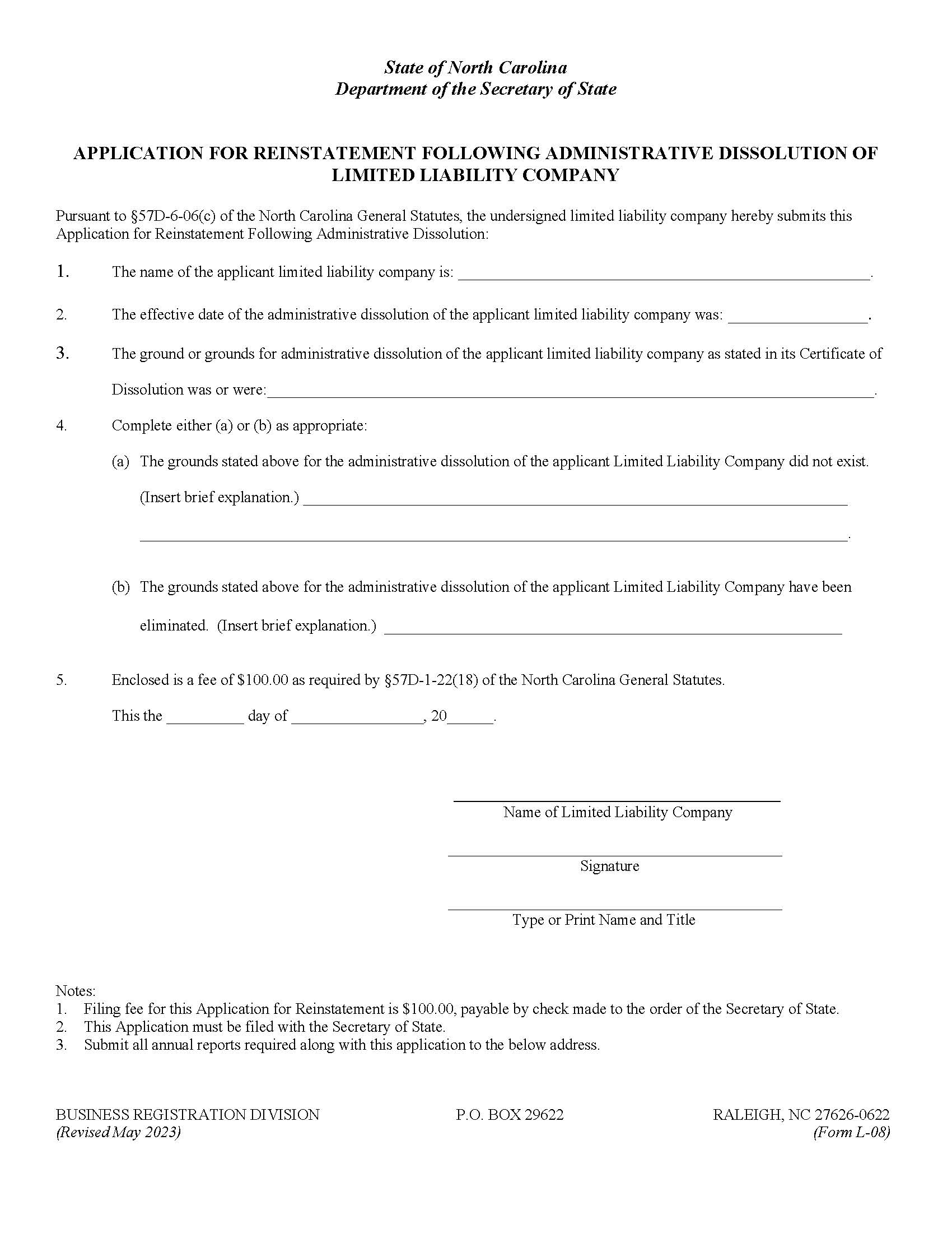 Application For Reinstatement Following Administrative Dissolution {L-08} | Pdf Fpdf Docx | North Carolina