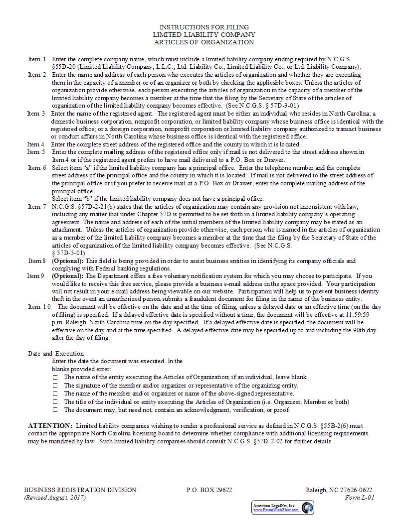 Articles Of Organization {L-01} | Pdf Fpdf Docx | North Carolina