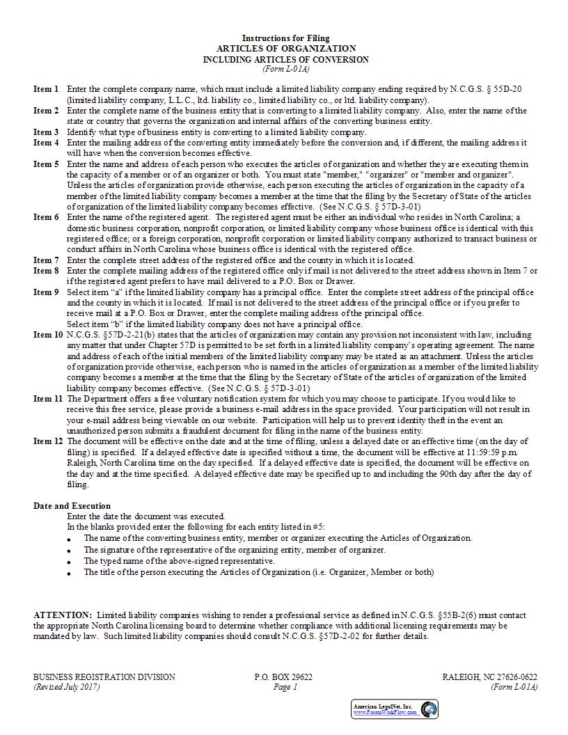Articles Of Organization Including Articles Of Conversion {L-01A} | Pdf Fpdf Docx | North Carolina