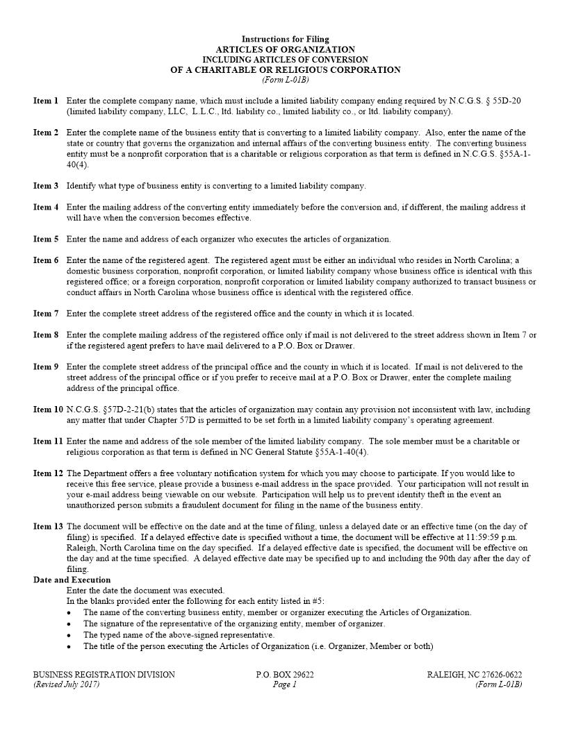 Articles Of Organization Including Conversion Of Charitable Or Religious Corporations {L-01B} | Pdf Fpdf Docx | North Carolina
