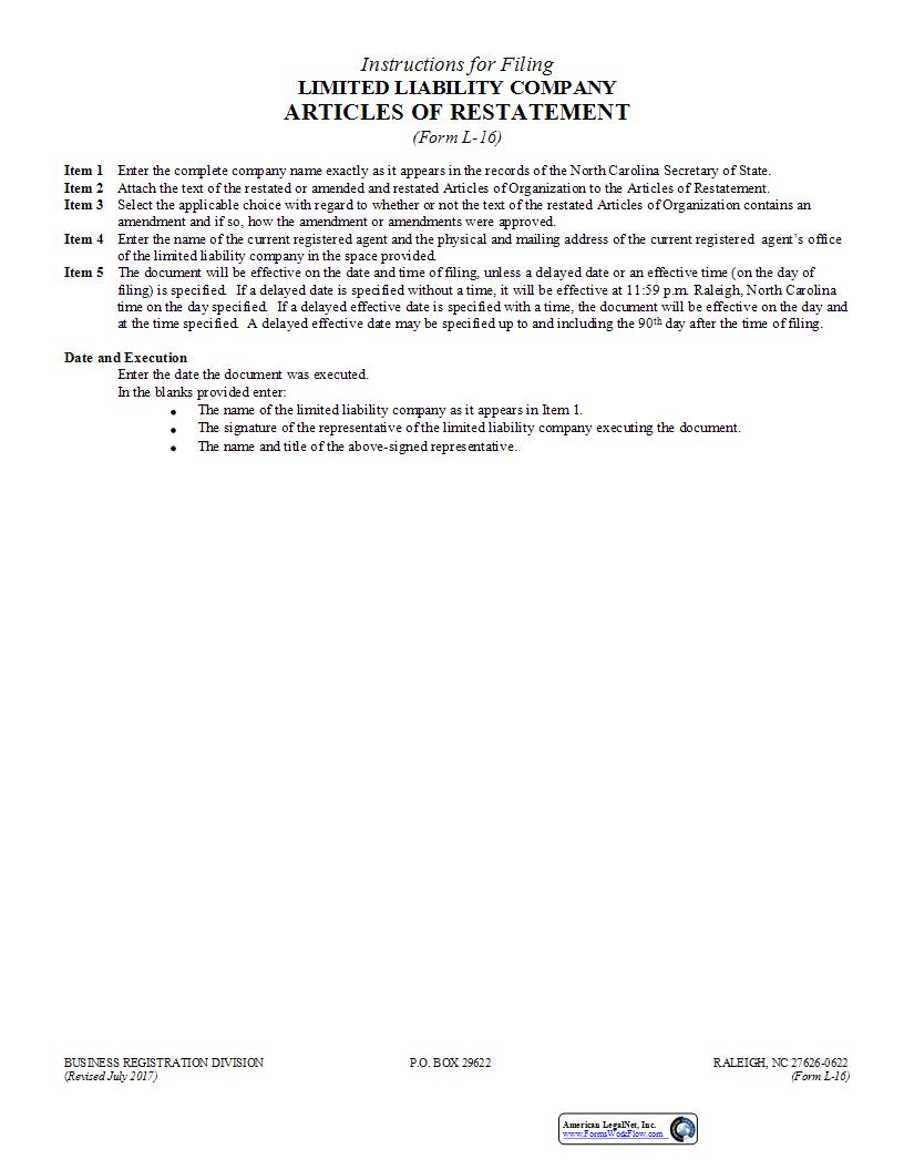 Articles Of Restatement {L-16} | Pdf Fpdf Docx | North Carolina