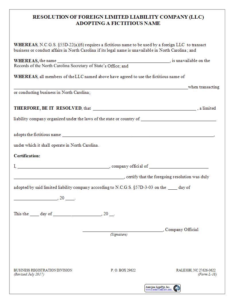Resolution Of Foreign Limited Liability Company Adopting A Fictitious Name {L-18} | Pdf Fpdf Docx | North Carolina