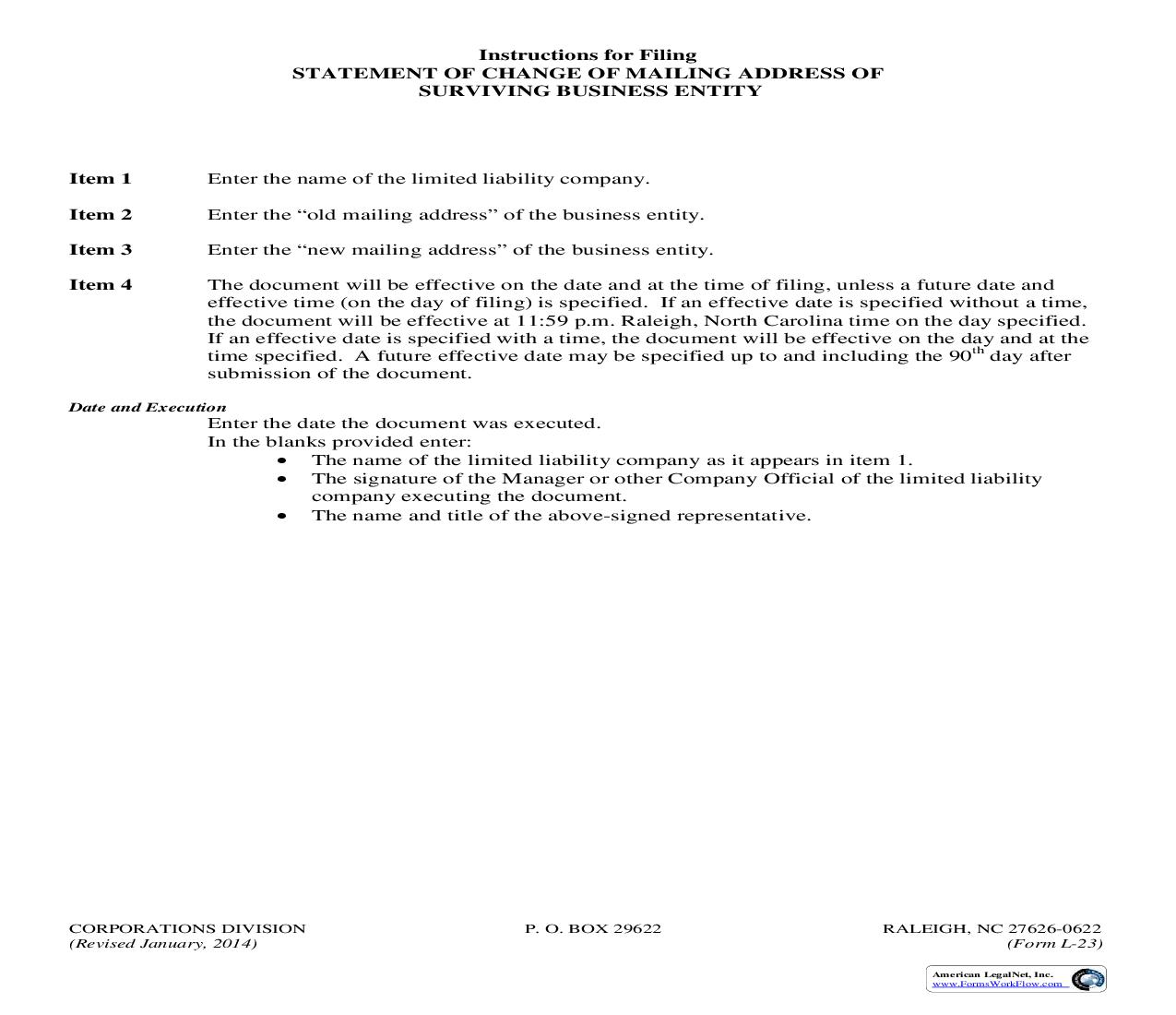 Statement Of Change Of Mailing Address Of Surviving Entity {L-23} |  | North Carolina