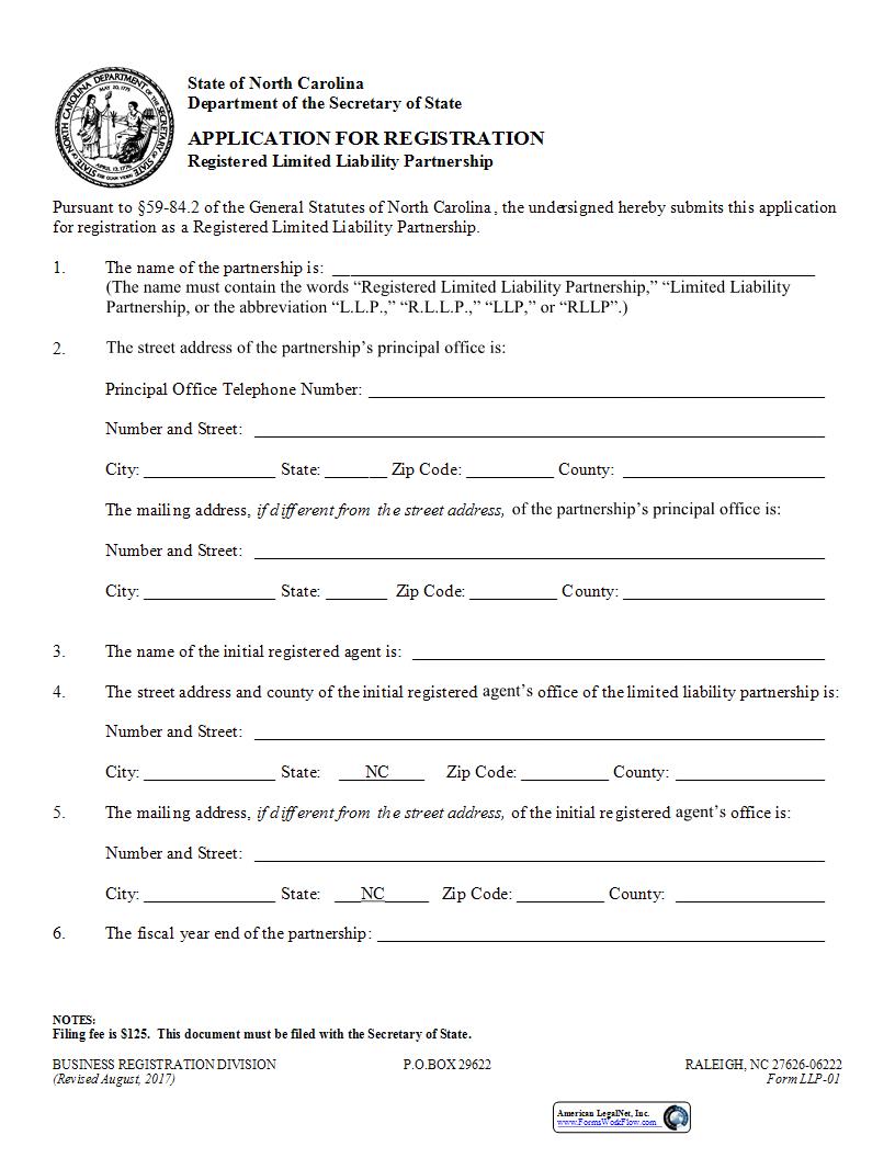 Application For Registration {LLP-01} | Pdf Fpdf Docx | North Carolina