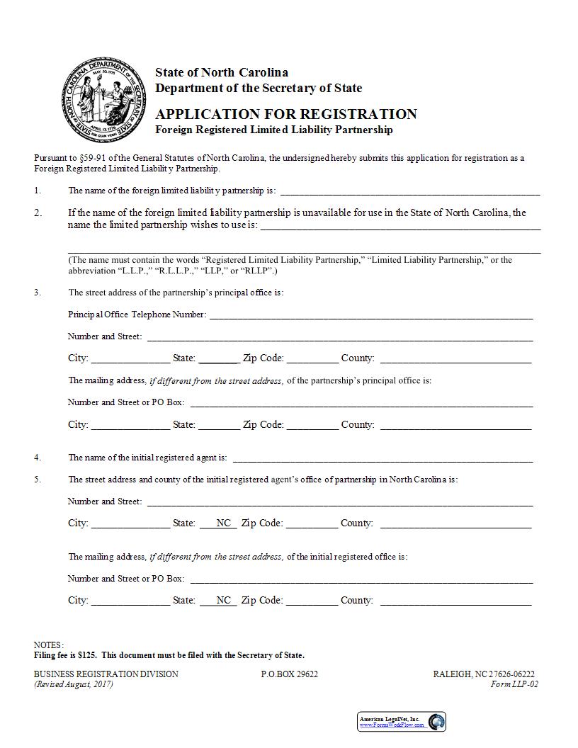 Application For Registration Foreign Registered Limited Liability Partnership {LLP-02} | Pdf Fpdf Docx | North Carolina
