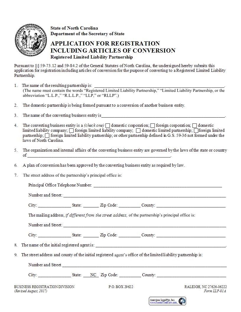 Application For Registration Including Articles Of Conversion {LLP-01A} | Pdf Fpdf Docx | North Carolina