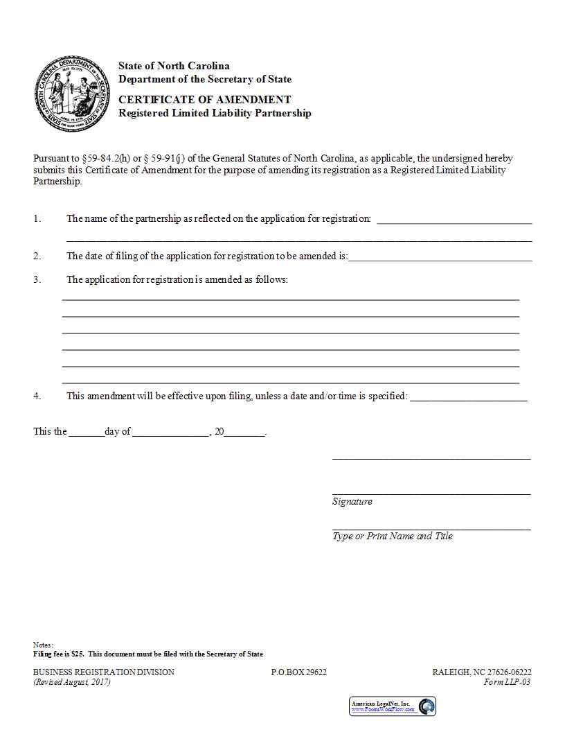 Certificate Of Amendment {LLP-03} | Pdf Fpdf Docx | North Carolina
